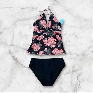 Yonique Tankini 2 Piece V-Neck Swimsuit Floral Black & Orange  M(8-10) NWT